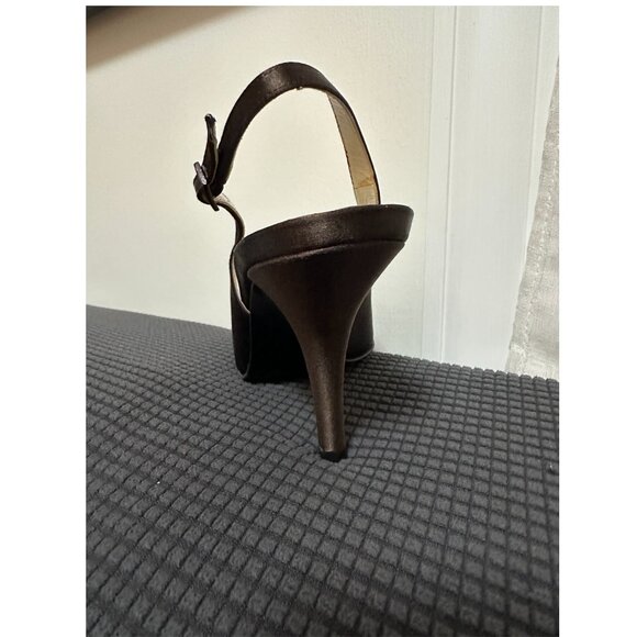 Stuart Weitzman Chocolate Brown Satin Peep-Toe Slingback Heels Size 9 - Picture 14 of 14